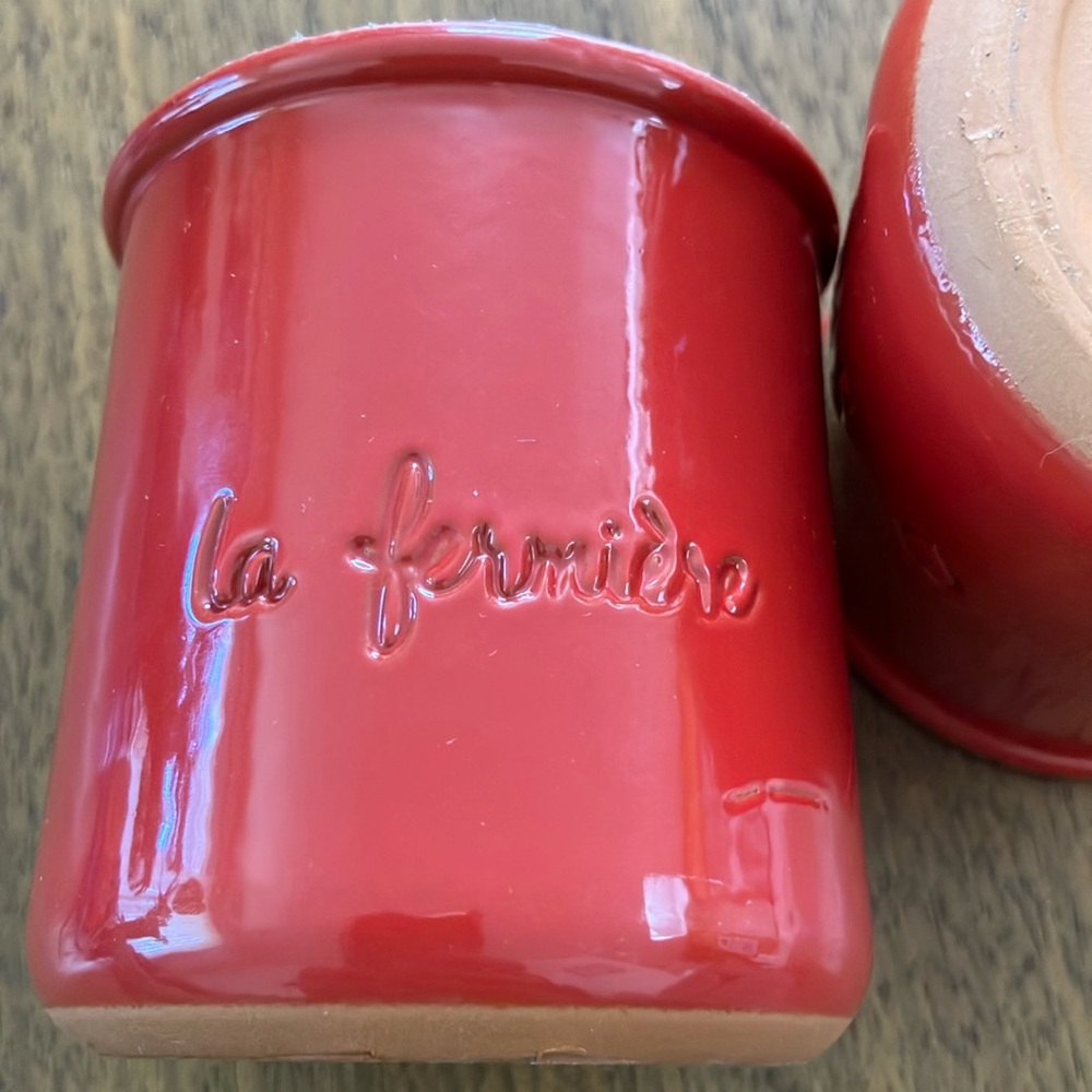 Two La Fermiere Limited Edition Red Yogurt Jars